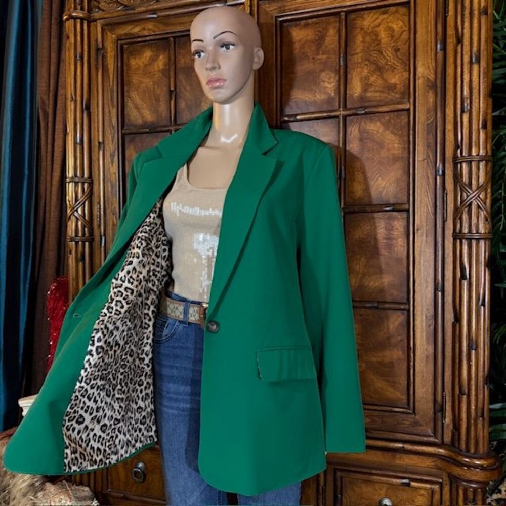 NWOT Kelly Green Leopard Lined Classic Blazer - Picture 3 of 12